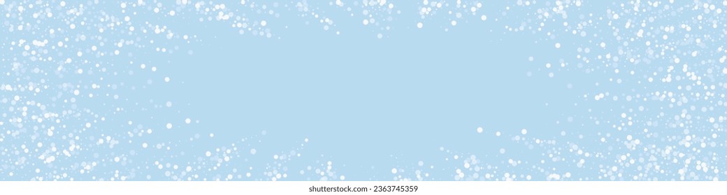 Falling snowflakes christmas background. Subtle flying snow flakes and stars on light blue winter backdrop. Beautifully falling snowflakes overlay. Panoramic vector illustration.