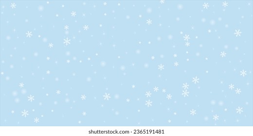 Falling snowflakes christmas background. Subtle flying snow flakes and stars on light blue winter backdrop. Beautifully falling snowflakes overlay. Wide vector illustration.