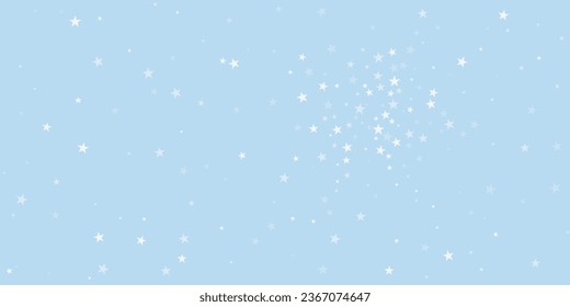 La caída de los copos de nieve hace el fondo de la navidad. Sutiles copos de nieve volando y estrellas en el fondo azul claro del invierno. Los copos de nieve que caían con belleza se superponen. Ilustración vectorial amplia.