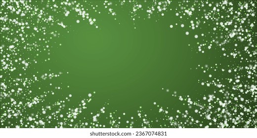 Falling snowflakes christmas background. Subtle flying snow flakes and stars on christmas green background. Beautifully falling snowflakes overlay. Wide vector illustration.