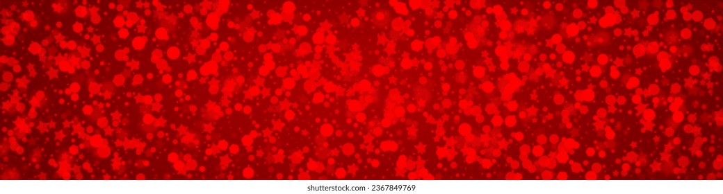 Falling snowflakes christmas background. Subtle flying snow flakes and stars on christmas red background. Beautifully falling snowflakes overlay. Panoramic vector illustration.