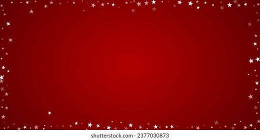 Falling snowflakes christmas background. Subtle flying snow flakes and stars on christmas red background. Beautifully falling snowflakes overlay. Wide vector illustration.