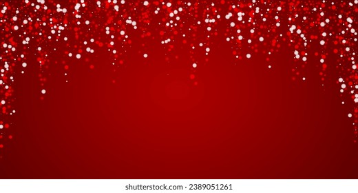 Falling snowflakes christmas background. Subtle flying snow flakes and stars on christmas red background. Beautifully falling snowflakes overlay. Wide vector illustration.