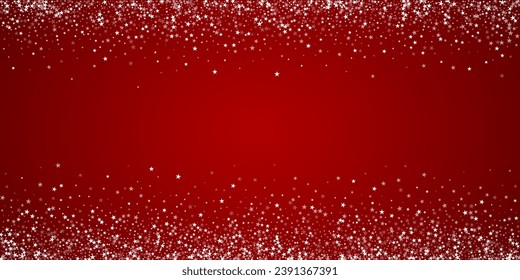 La caída de los copos de nieve hace el fondo de la navidad. Sutiles copos de nieve volando y estrellas de fondo rojo navideño. Los copos de nieve que caían con belleza se superponen. Ilustración vectorial amplia.