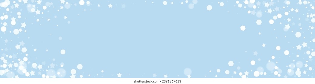 Falling snowflakes christmas background. Subtle flying snow flakes and stars on light blue winter backdrop. Beautifully falling snowflakes overlay. Panoramic vector illustration.