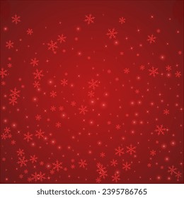 Falling snowflakes christmas background. Subtle flying snow flakes and stars on christmas red background. Beautifully falling snowflakes overlay. Square vector illustration.