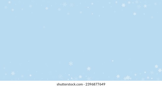 La caída de los copos de nieve hace el fondo de la navidad. Sutiles copos de nieve volando y estrellas en el fondo azul claro del invierno. Los copos de nieve que caían con belleza se superponen. Ilustración vectorial amplia.