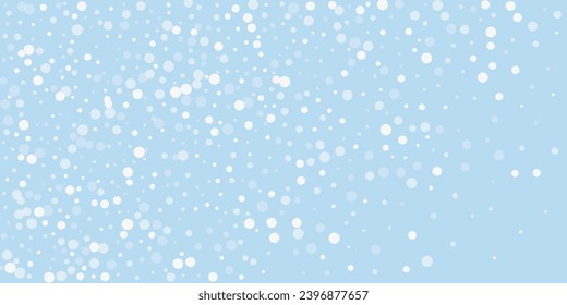 Falling snowflakes christmas background. Subtle flying snow flakes and stars on light blue winter backdrop. Beautifully falling snowflakes overlay. Wide vector illustration.