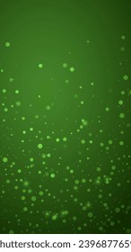 Falling snowflakes christmas background. Subtle flying snow flakes and stars on christmas green background. Beautifully falling snowflakes overlay. Vertical vector illustration.