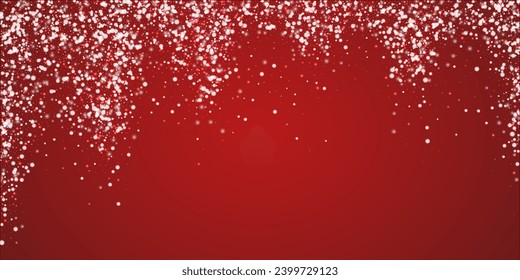 Falling snowflakes christmas background. Subtle flying snow flakes and stars on christmas red background. Beautifully falling snowflakes overlay. Wide vector illustration.