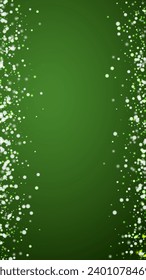 Falling snowflakes christmas background. Subtle flying snow flakes and stars on christmas green background. Beautifully falling snowflakes overlay. Vertical vector illustration.