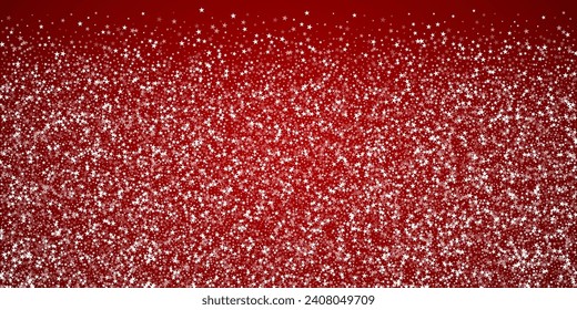 Falling snowflakes christmas background. Subtle flying snow flakes and stars on christmas red background. Beautifully falling snowflakes overlay. Wide vector illustration.
