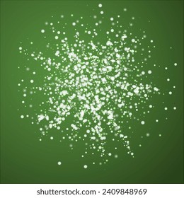 Falling snowflakes christmas background. Subtle flying snow flakes and stars on christmas green background. Beautifully falling snowflakes overlay. Square vector illustration.