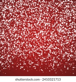 La caída de los copos de nieve hace el fondo de la navidad. Sutiles copos de nieve volando y estrellas de fondo rojo navideño. Los copos de nieve que caían con belleza se superponen. Ilustración vectorial cuadrada.
