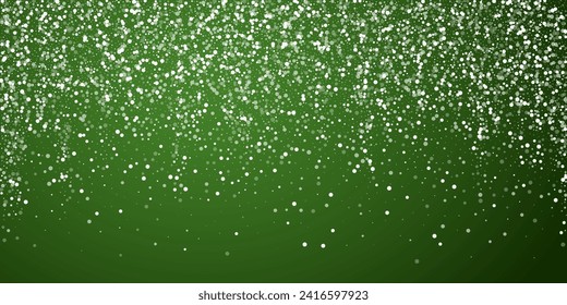 Falling snowflakes christmas background. Subtle flying snow flakes and stars on christmas green background. Beautifully falling snowflakes overlay. Wide vector illustration.