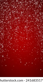 Falling snowflakes christmas background. Subtle flying snow flakes and stars on christmas red background. Beautifully falling snowflakes overlay. Vertical vector illustration.