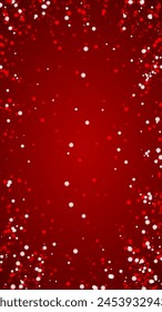 Falling snowflakes christmas background. Subtle flying snow flakes and stars on christmas red background. Beautifully falling snowflakes overlay. Vertical vector illustration.