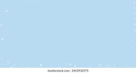 Falling snowflakes christmas background. Subtle flying snow flakes and stars on light blue winter backdrop. Beautifully falling snowflakes overlay. Wide vector illustration.