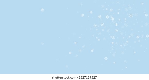 Falling snowflakes christmas background. Subtle flying snow flakes and stars on light blue winter backdrop. Beautifully falling snowflakes overlay. Wide vector illustration.