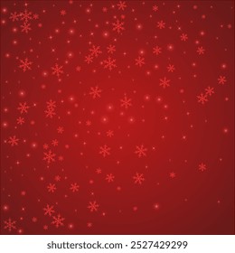 Falling snowflakes christmas background. Subtle flying snow flakes and stars on christmas red background. Beautifully falling snowflakes overlay. Square vector illustration.