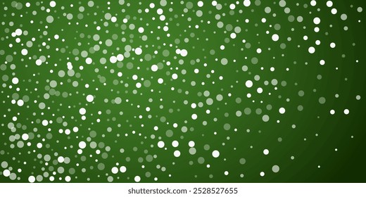 Falling snowflakes christmas background. Subtle flying snow flakes and stars on christmas green background. Beautifully falling snowflakes overlay. Wide vector illustration.