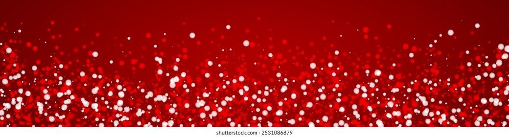 Falling snowflakes christmas background. Subtle flying snow flakes and stars on christmas red background. Beautifully falling snowflakes overlay. Panoramic vector illustration.