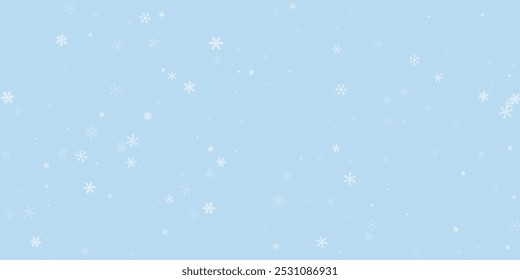 Plano de fundo de Natal flocos de neve caídos. Flocos de neve voadores sutis e estrelas no fundo azul claro do inverno. Bonito flocos de neve caindo sobreposição. Ilustração vetorial ampla.