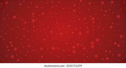 Falling snowflakes christmas background. Subtle flying snow flakes and stars on christmas red background. Beautifully falling snowflakes overlay. Wide vector illustration.