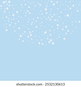 Falling snowflakes christmas background. Subtle flying snow flakes and stars on light blue winter backdrop. Beautifully falling snowflakes overlay. Square vector illustration.