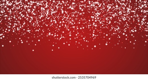 Falling snowflakes christmas background. Subtle flying snow flakes and stars on christmas red background. Beautifully falling snowflakes overlay. Wide vector illustration.