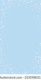 Falling snowflakes christmas background. Subtle flying snow flakes and stars on light blue winter backdrop. Beautifully falling snowflakes overlay. Vertical vector illustration.