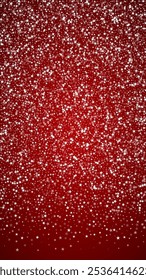 Falling snowflakes christmas background. Subtle flying snow flakes and stars on christmas red background. Beautifully falling snowflakes overlay. Vertical vector illustration.
