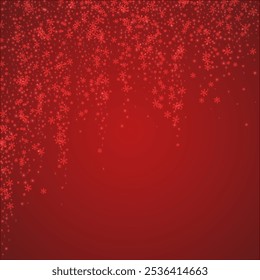 Plano de fundo de Natal flocos de neve caídos. Flocos de neve voadores sutis e estrelas no fundo vermelho de Natal. Bonito flocos de neve caindo sobreposição. Ilustração de vetor quadrado.