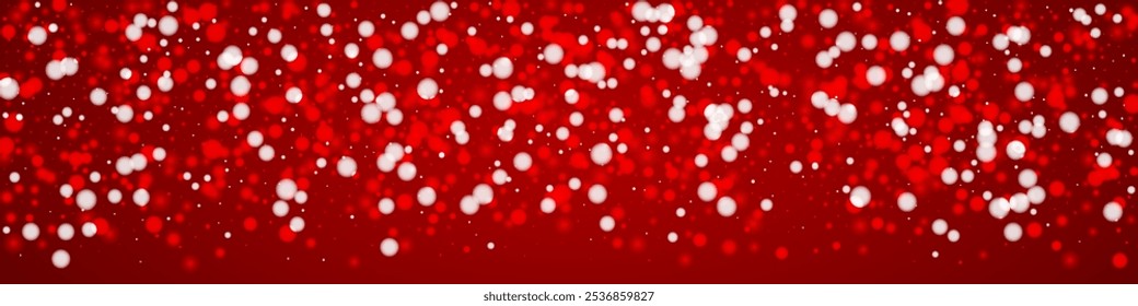 Fallende Schneeflocken weihnachtlichen Hintergrund. Subtile fliegende Schneeflocken und Sterne auf weihnachtlich rotem Hintergrund. Schön fallende Schneeflocken überlagern sich. Panorama-Vektorgrafik.