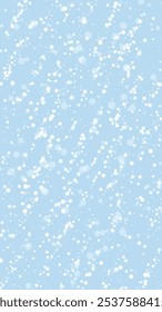 Plano de fundo de Natal flocos de neve caídos. Flocos de neve voadores sutis e estrelas no fundo azul claro do inverno. Bonito flocos de neve caindo sobreposição. Ilustração vetorial vertical.