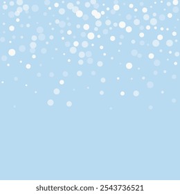Falling snowflakes christmas background. Subtle flying snow flakes and stars on light blue winter backdrop. Beautifully falling snowflakes overlay. Square vector illustration.