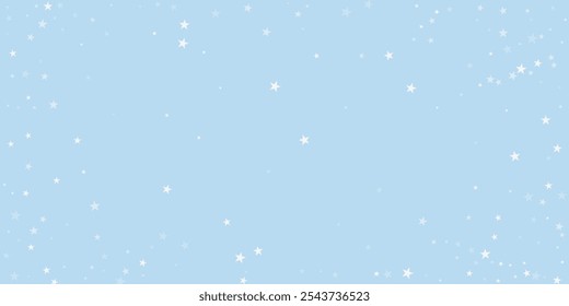 Fondo de Navidad de copos de nieve que caen. Copos de nieve voladores sutiles y estrellas sobre fondo de invierno azul claro. Superposición de copos de nieve que caen hermosamente. Amplia Ilustración vectorial.