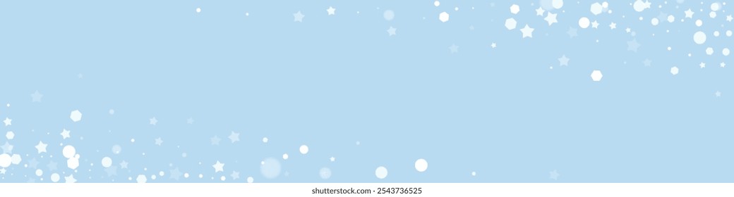 Plano de fundo de Natal flocos de neve caídos. Flocos de neve voadores sutis e estrelas no fundo azul claro do inverno. Bonito flocos de neve caindo sobreposição. Ilustração do vetor panorâmico.