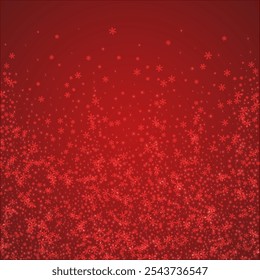 Falling snowflakes christmas background. Subtle flying snow flakes and stars on christmas red background. Beautifully falling snowflakes overlay. Square vector illustration.