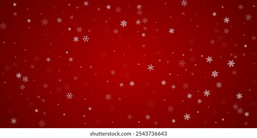 Fondo de Navidad de copos de nieve que caen. Copos de nieve voladores sutiles y estrellas en el fondo rojo de la Navidad. Superposición de copos de nieve que caen hermosamente. Amplia Ilustración vectorial.