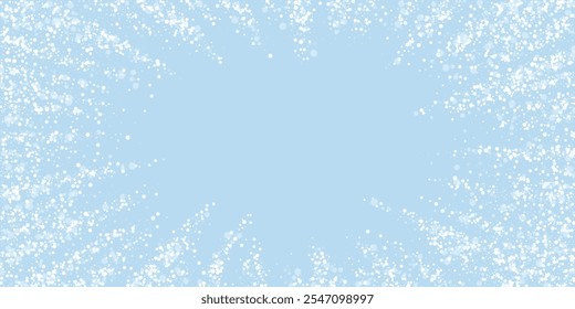 Falling snowflakes christmas background. Subtle flying snow flakes and stars on light blue winter backdrop. Beautifully falling snowflakes overlay. Wide vector illustration.