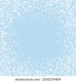 Falling snowflakes christmas background. Subtle flying snow flakes and stars on light blue winter backdrop. Beautifully falling snowflakes overlay. Square vector illustration.