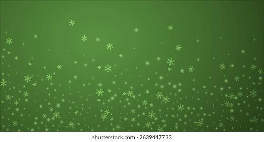Falling snowflakes christmas background. Subtle flying snow flakes and stars on christmas green background. Beautifully falling snowflakes overlay. Wide vector illustration.