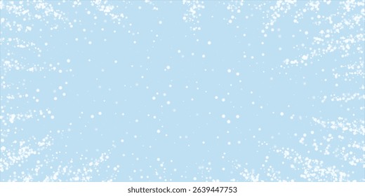 Falling snowflakes christmas background. Subtle flying snow flakes and stars on light blue winter backdrop. Beautifully falling snowflakes overlay. Wide vector illustration.