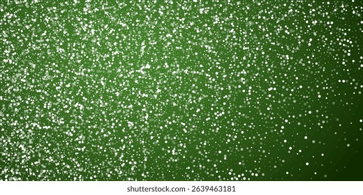 Falling snowflakes christmas background. Subtle flying snow flakes and stars on christmas green background. Beautifully falling snowflakes overlay. Wide vector illustration.