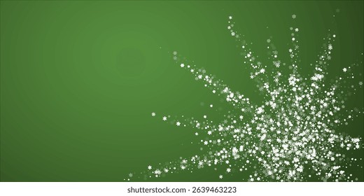 Falling snowflakes christmas background. Subtle flying snow flakes and stars on christmas green background. Beautifully falling snowflakes overlay. Wide vector illustration.