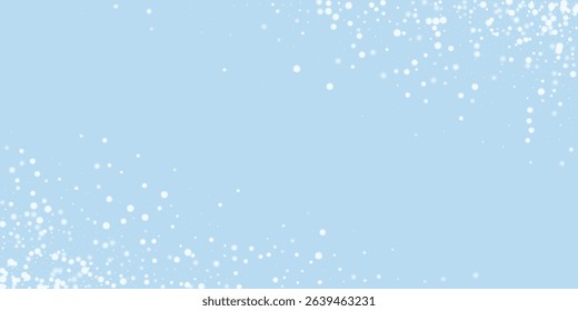 Falling snowflakes christmas background. Subtle flying snow flakes and stars on light blue winter backdrop. Beautifully falling snowflakes overlay. Wide vector illustration.