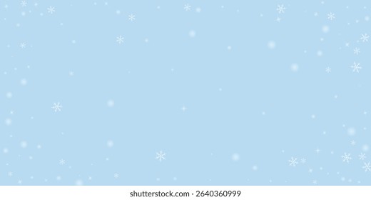 Falling snowflakes christmas background. Subtle flying snow flakes and stars on light blue winter backdrop. Beautifully falling snowflakes overlay. Wide vector illustration.