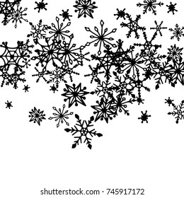 Falling Snowflakes for Christmas Decoration. Winter Background for New Year and Xmas Holidays. Vector Doodle Snowflakes. Black and White Winter Pattern with Falling Snow
