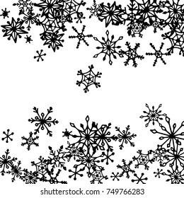 Falling Snowflakes for Christmas Decoration. Winter Background for New Year and Xmas Holidays. Vector Doodle Snowflakes. Black and White Winter Pattern with Falling Snow